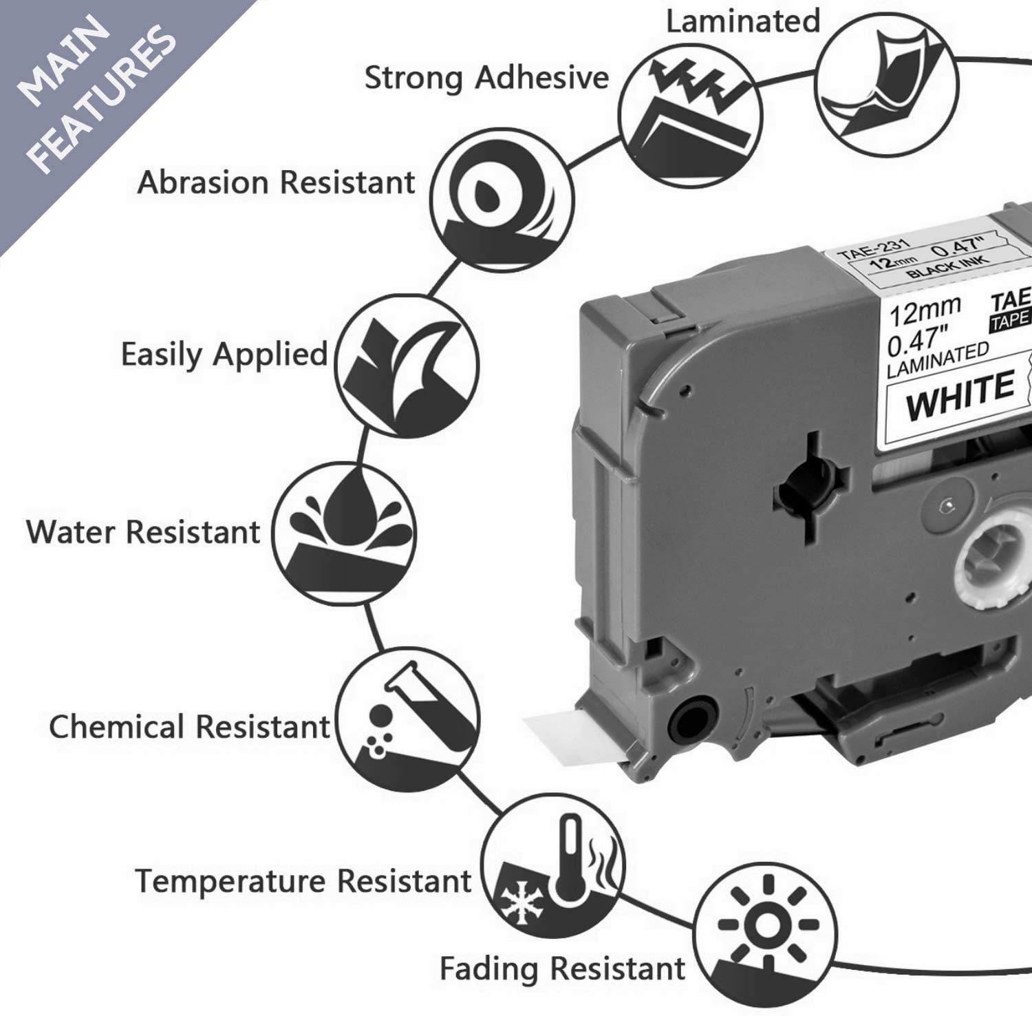 Replace Brother Tze 231 Tape 12mm 0.47 Laminated Black on White 4 Pack